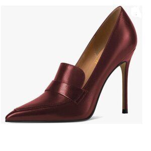 miss left Burgundy Stiletto High Heel Loafer Pumps with Trim Pointed Toe Shoe
